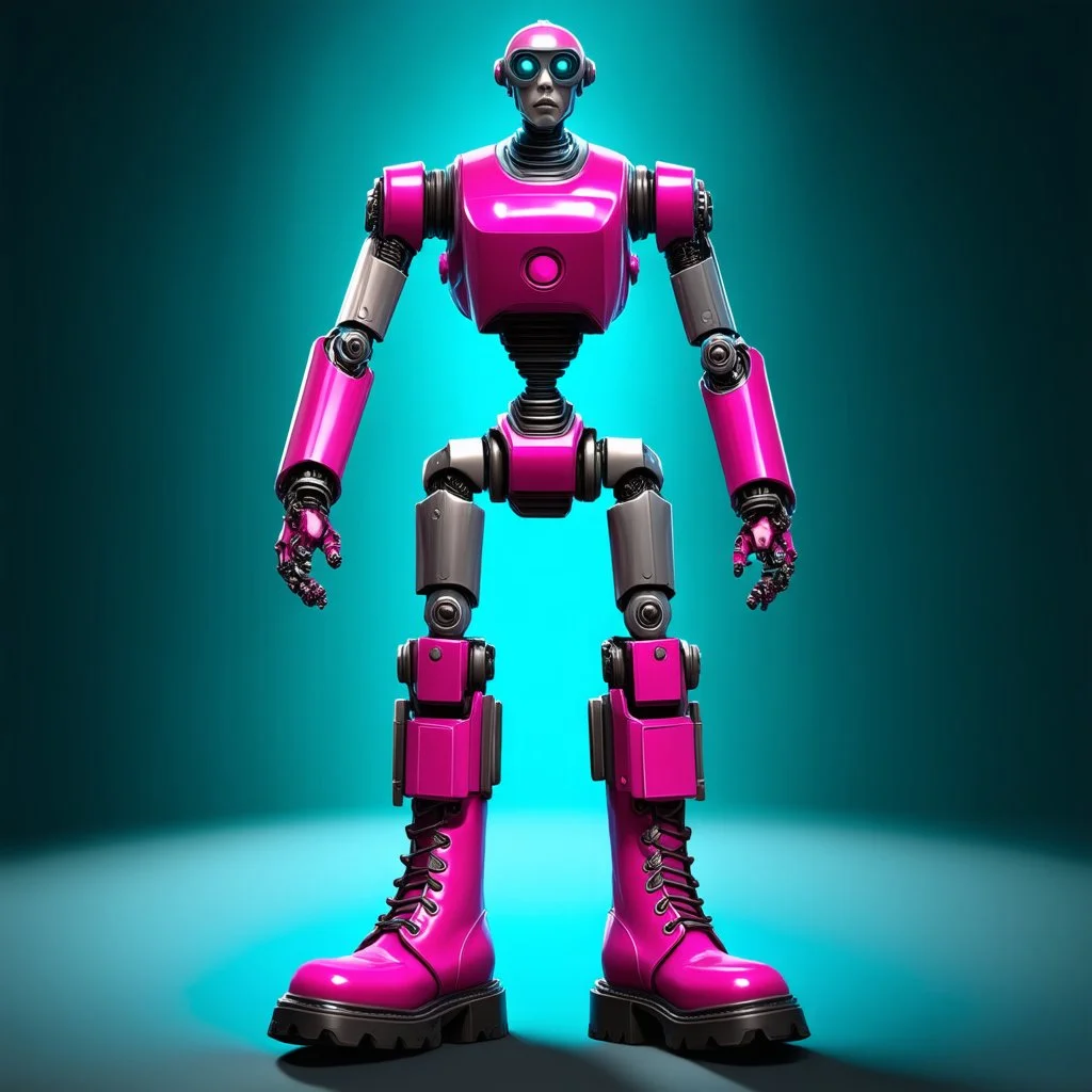 A hyper-realistic 3D Surreal digital painting, magenta droid mechanic, rich deep teal background, dreamlike imagery, fantastical elements, perfect body ,dymond , boots