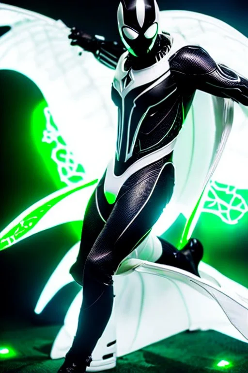 Cyborg symbiote, white color, green color, tendrils, high tech, cyberpunk, biopunk, membrane wings, carbon fiber