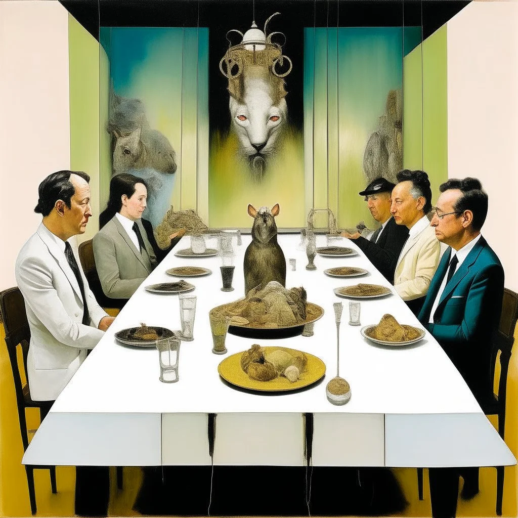 UN conference.a cat and human flesh-like surgical instruments and universe-like a pigeon and neuralink, surrealism,minimalism,Painting By Adrian Ghenie, Rene Magritte, Salvador Dali, Lucian Freud