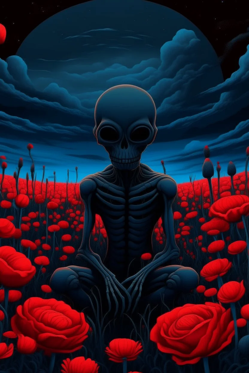 an illustration of an alien with a field with red flowers cloudy in dark aesthetic