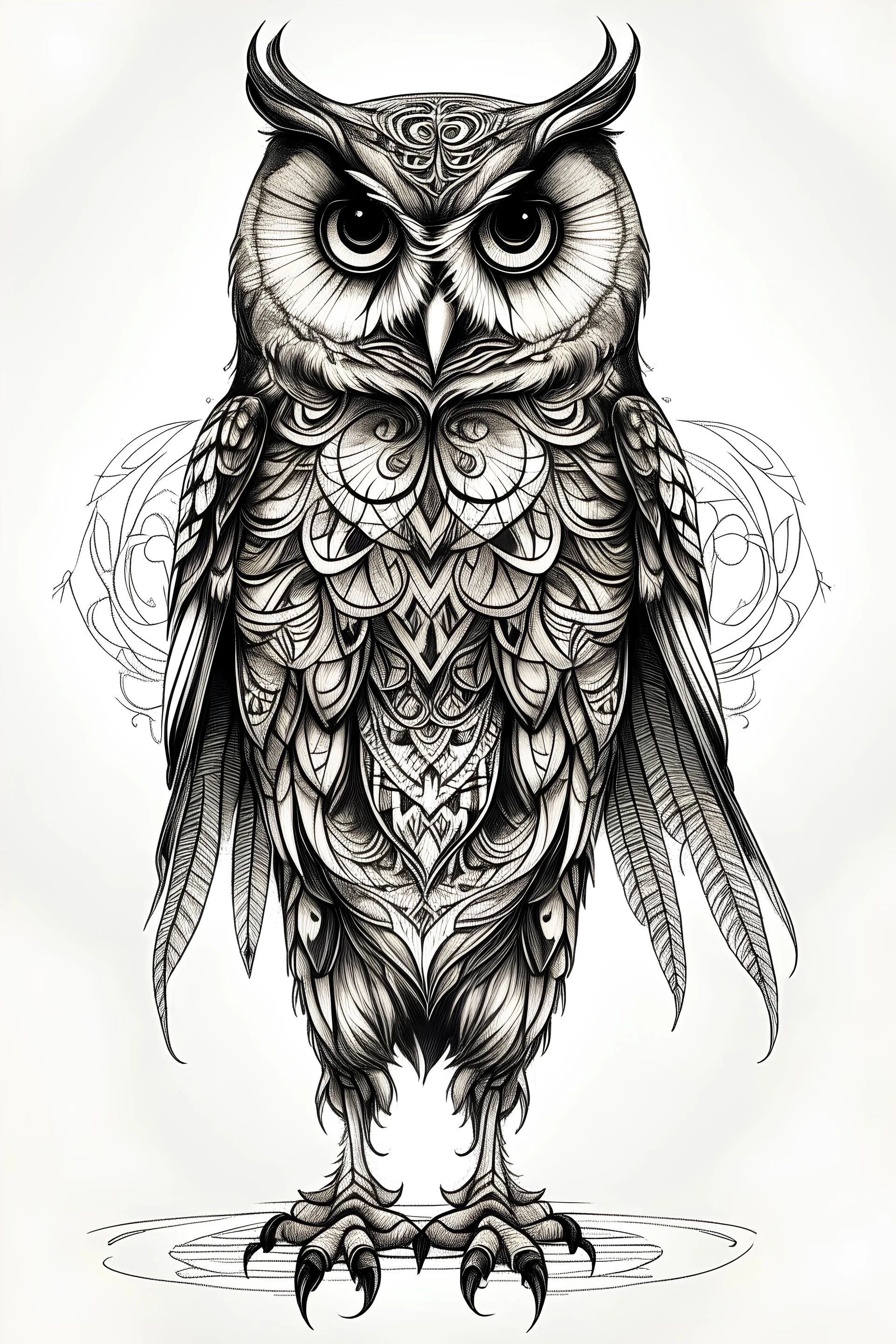 tattoo drawing of an standing owl front view