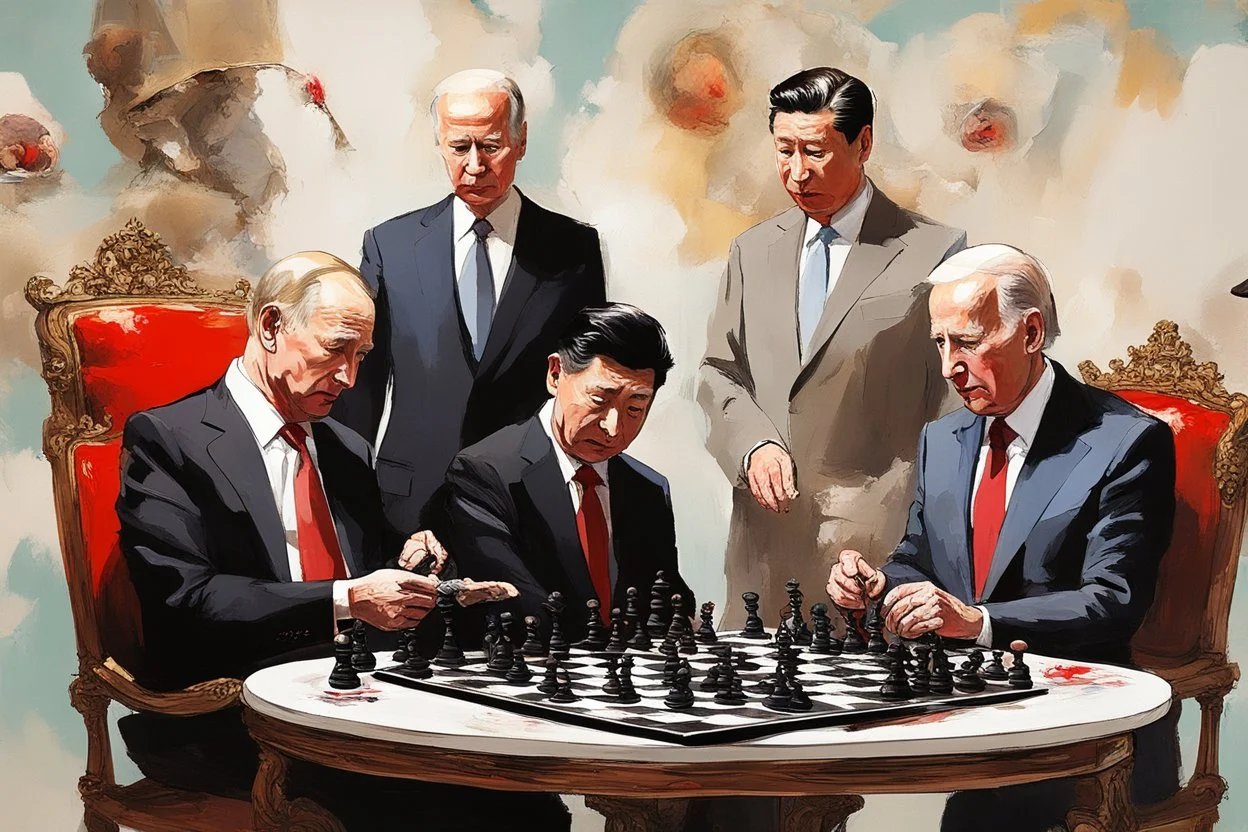 Putin, President Xi Of China And Joe Biden Play Chess With A Pigeon,Ufo And Atomic Bomb Mushroom Cloud,Complex Surgical Instruments Intermixed With A Newborn Boy,Minimalism,Painting By Adrian Ghenie,Rene Magritte,Pablo Picasso,Michelangelo,Salvador Dali,Lucian Freud