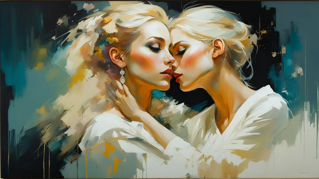 Blonde Pale Very Thin Scandinavian Woman 30yo, Big Eyes, Long Eyelashes And Eye Shadow, on steve Roger's lap kissing :: by Robert McGinnis + Jeremy Mann + Carne Griffiths + Leonid Afremov, black canvas, clear outlining, detailed