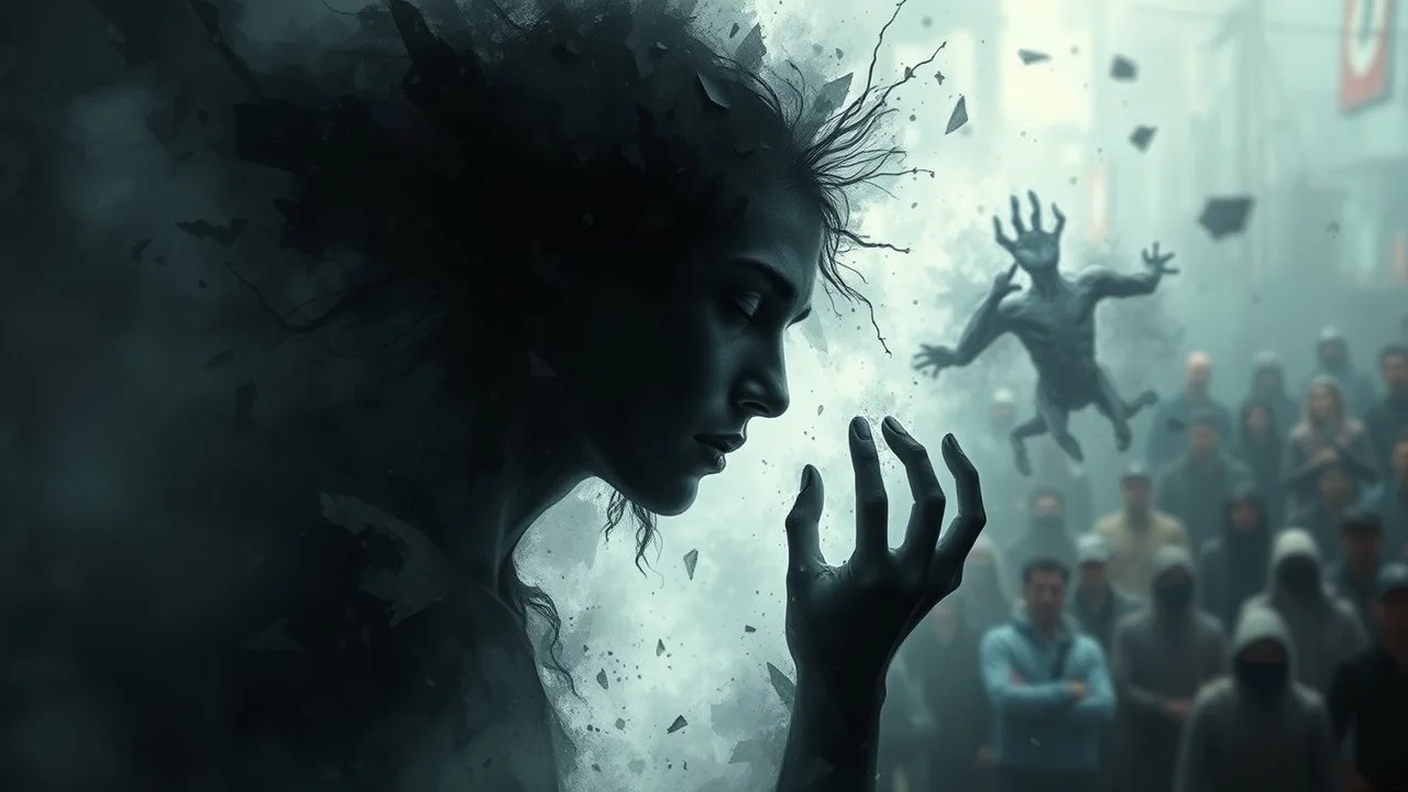 Abstract surreal scene of a human soul in conflict a caracter dissolving into shadows and fog, body torn into shards of light and darkness. Shapes twist and melt like oil paint, forming ghostly hands and distorted faces emerging from the fog. The background is a blur of noise, chaotic patterns and faceless crowds, symbolizing the indifferent outside world. A haunting, dreamlike composition that captures isolation, inner demons, struggle of anxiety. surreal, atmospheric