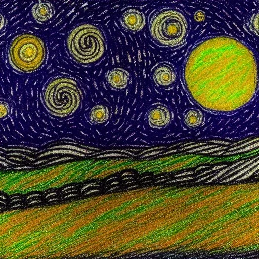 dibujo de una campo de noche con la luna y muchas estrellas con el estilo de Vincent van Gogh