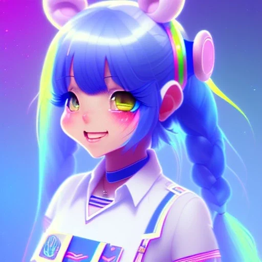 blue hair woman, pigtails, smile, purpurin, school dress, white shirt, ribbon, gradient color, BLUE, PINK, CYAN, neon, insanely detailed, 16k resolution, perfect eyes, cinematic smooth, intricate detail