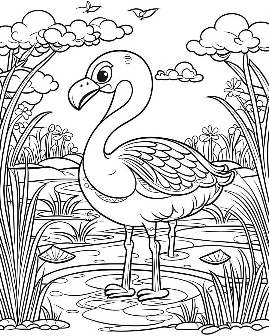 create a 2d black outline, "safari smiling cartoon flamingo coloring book for toddlers", coloring page, low details design, black contour, coloring page design, simple background, colorful , card style, coloring page for kids, white background, sketch style, safari landscape, cartoon style