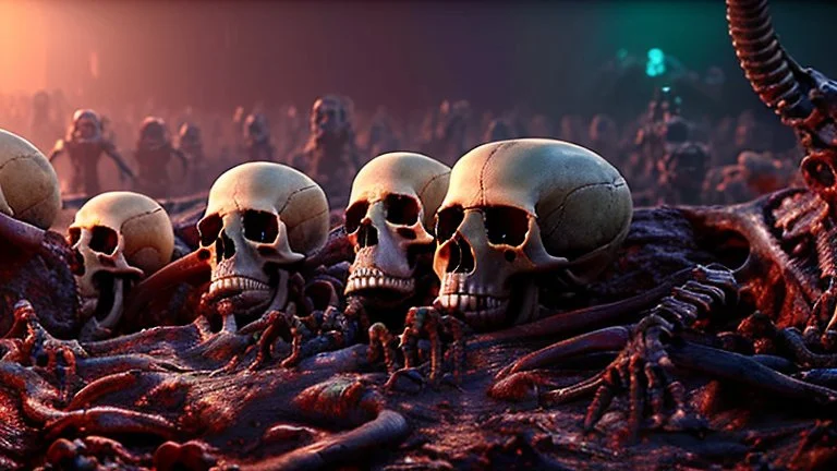 a picture of a dark, comedic, anatomically correct wall of colorful tightly packed stacked cyborg skulls of varying sizes and expressions, photo realistic, insanely meticulous, highly detailed, part of a collection of bones on display, 64k, dystopian, vray