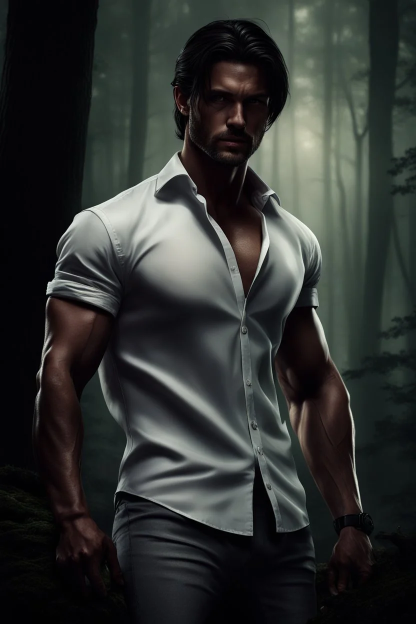 Ultra realistic photograph of muscular male in white button up shirt, dark hair cut short and stubble on chin, dark fantasy forest