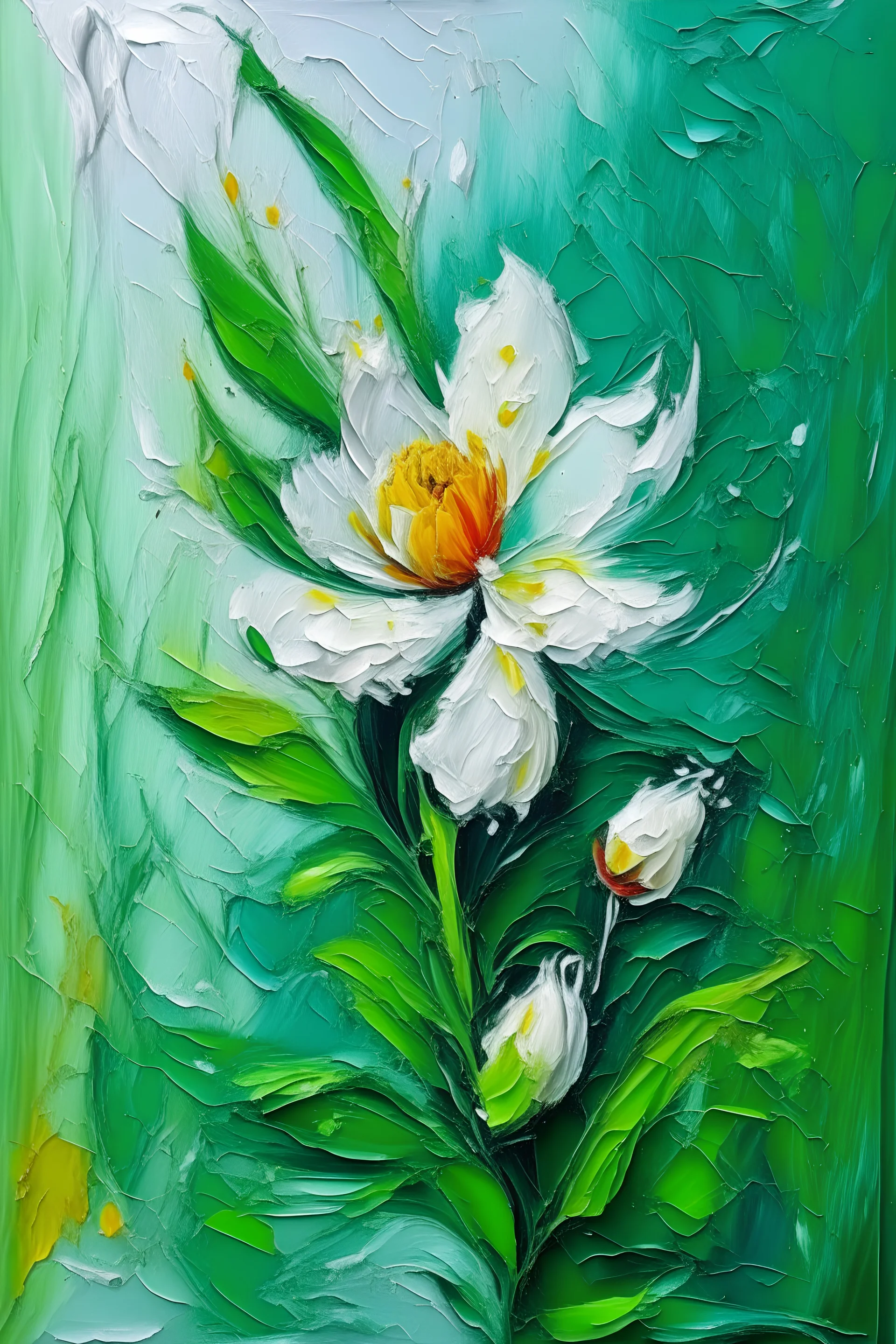Ambrosia flower oil painting with knife technique on white and green background