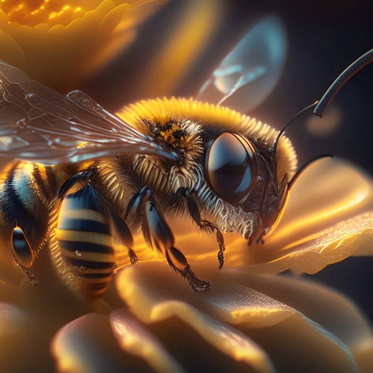 close-up macro photography of a beautiful honey bee on nice flower,honey comb, centered, ultra realistic, artstation, unreal engine 5, octane render , close up portrait photo by Annie Leibovitz, film, studio lighting, detailed skin