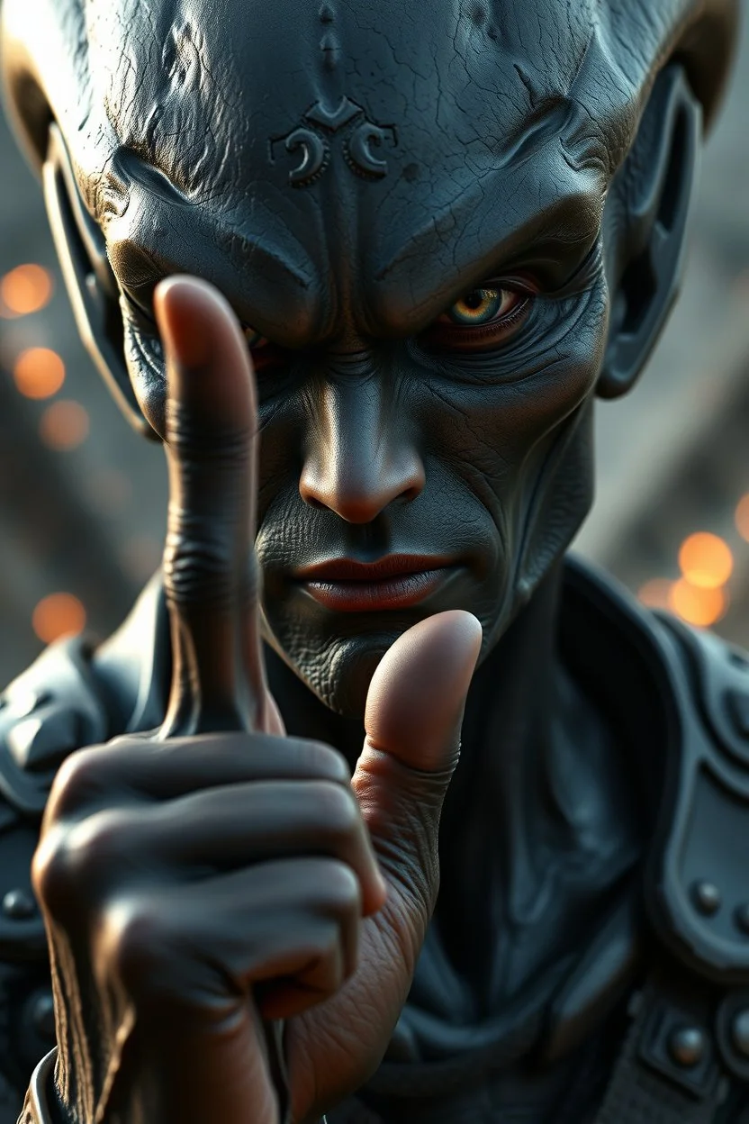 Alien looking up , d&d character art masculine features, finger to you with his index hand , deep coal-gray skin, 8k, 3d cgi, unreal engine 6, high detail, intricate, cinematic battle background