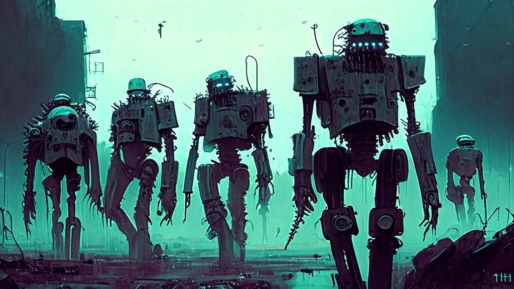 SiniArmy of the undead marching, post apocalyptic fashion, ((holographic grunge cyborg robot army)) melancholy robot mechs, RAW, gritty, high exposure, high contrast, digital & analog HUD, Spacepunk, indie horror, (((science fiction painting, Simon stålenhag, Denis Sarazhin, Alex Colville, Romain Trystram, Christopher Shy, Alejandro Burdisio, Rene Magritte, Tye Martinez, ominous sky))), alternate reality art, obscured lights, RAW, GRITTY, ambiguity, retrospective art, dusk, low light, techno got