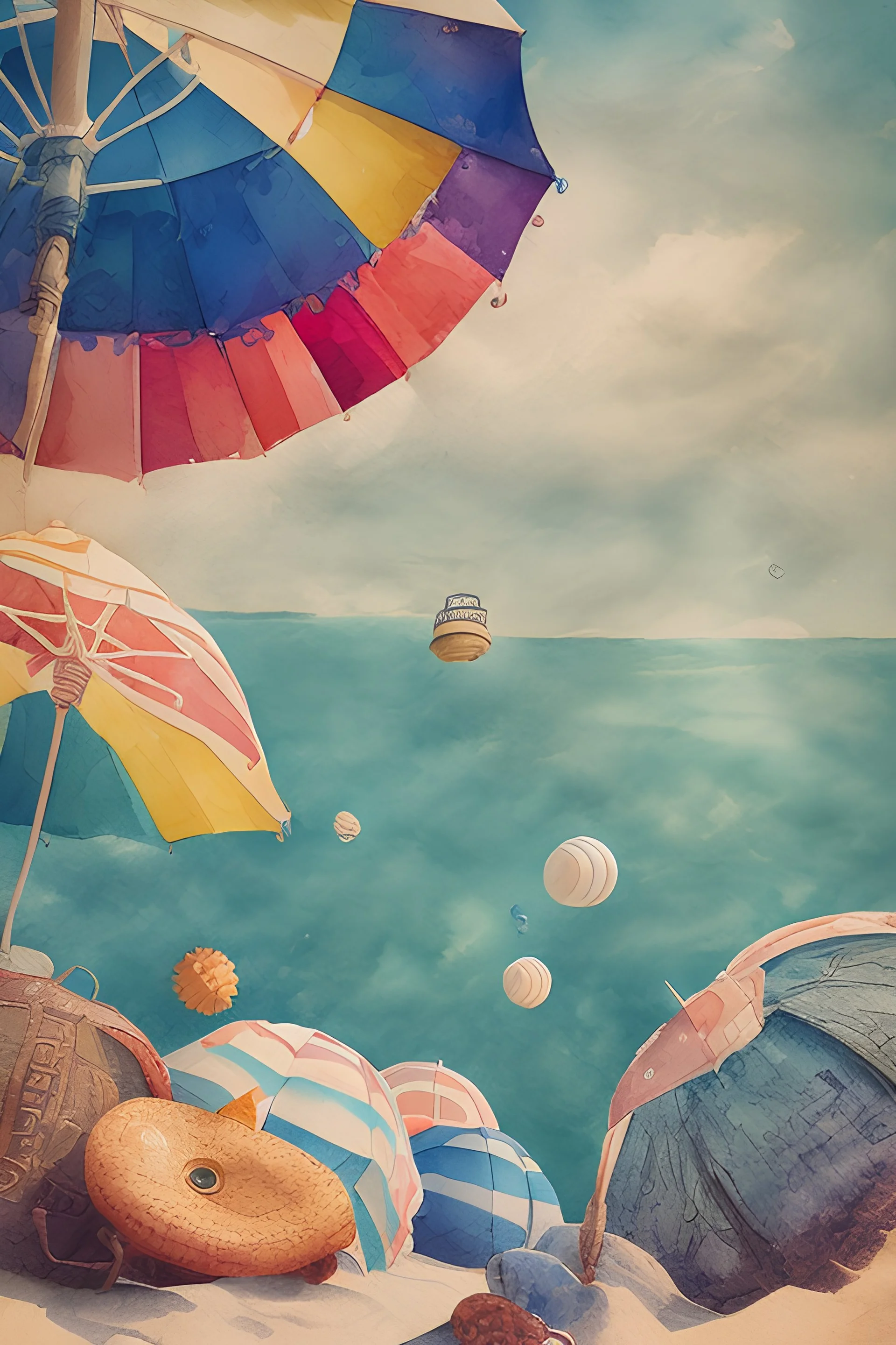 watercolor vintage summer beach scape sand umbrella sunshine ocean retro