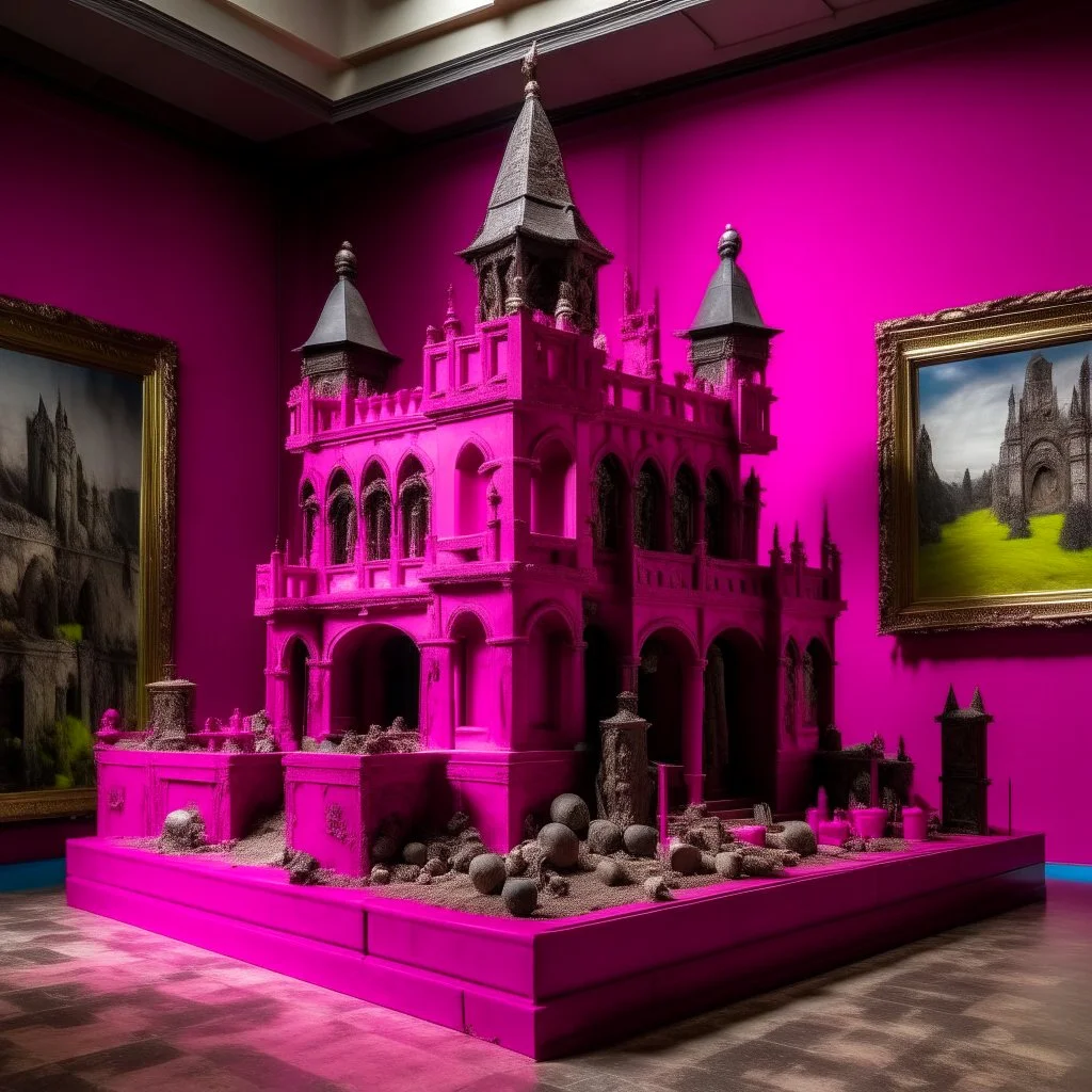 A magenta castle with a library designed in ancient Egyptian architectures and sculptures painted by Jackson Pollock