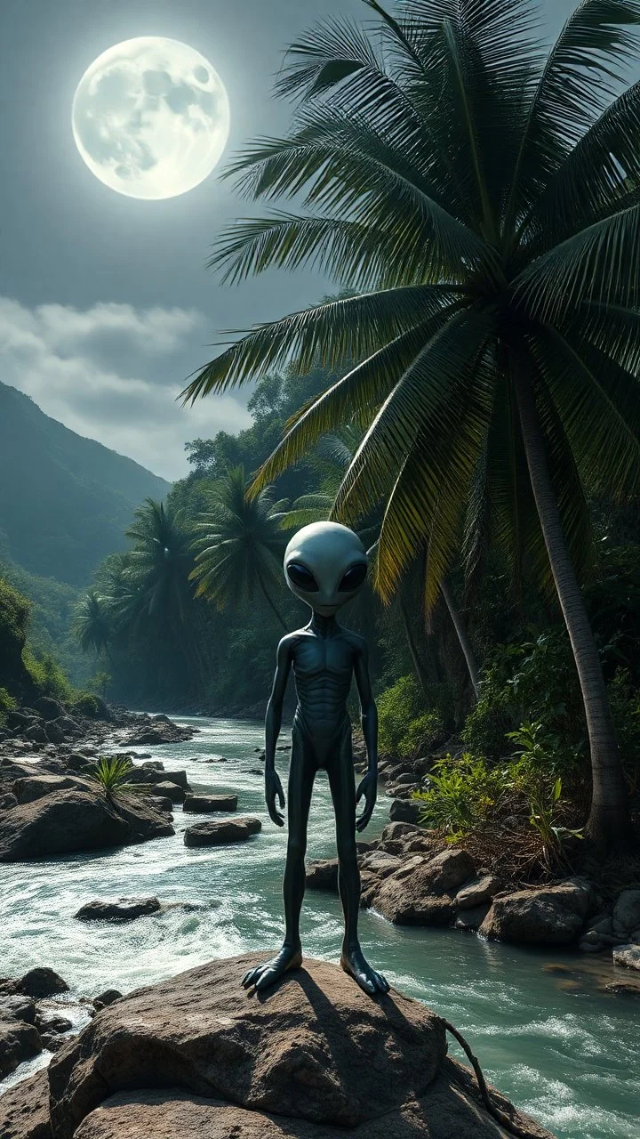 Close-up photo from the front straight. A space aliens standing beside a winding rocky river below and two large coconut trees on the left and right zoom distance from the front. Even the gothic day the moonlight shines. Bright lighting.