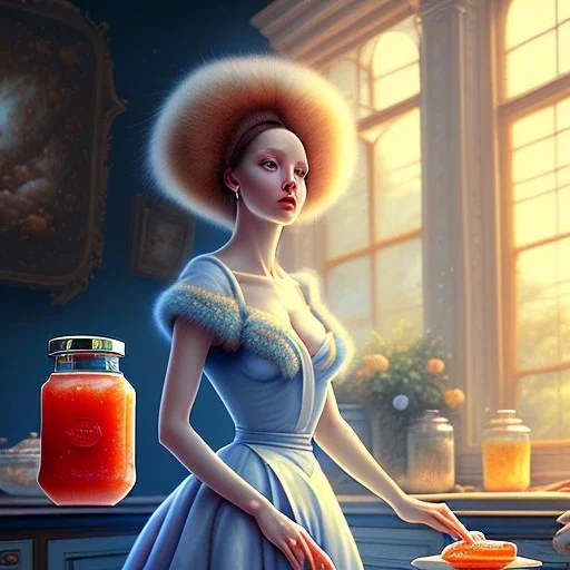 pixar style, realistic painting of a women in dress and a jar jam marmelade in kitchen,volumetric blue sky environment and background, volumetric lighting,dramatic lighting, detailed digital painting, extreme dense and fine fur, anime, ornate, colour-washed colors, elegant, small minutiae, tiny features, particulars, centered, smooth, sharp focus, renderman gofur render, 8k, uhd, detailed eyes, realistic shaded volumetric lighting,caustics,backlight