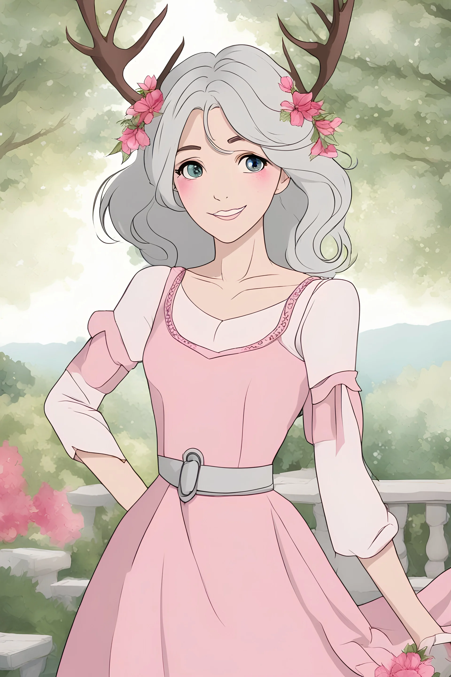 Eldely woman in late sixty's with gray hair and antlers, wearing pink dress, smiling, garden background, RWBY animation style