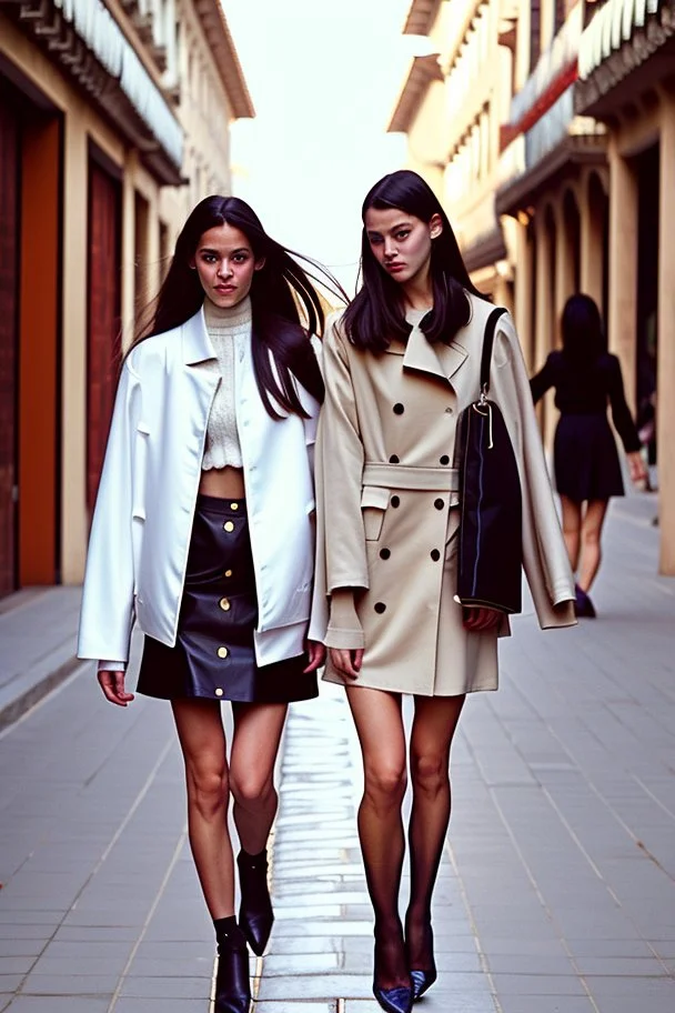 mujeres caminando por una céntrica calle de una ciudad española, visten ropa de segunda mano, cazadoras y minifaldas, es la moda y es tendencia, fotografía real, de cara a la cámara