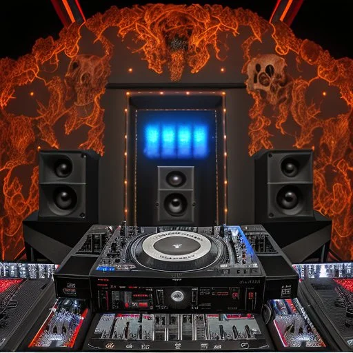 DJ of the damnded, insanely detailed DJ booth in hell, MID set, speakers and equipment made of bone, anatomically correct, add more skulls in th audience, photorealism, vray, 8k 3d, woofers in all empty eye sockets of stage equipment, wide angle, telephoto, from audience, all multicolored skulls,