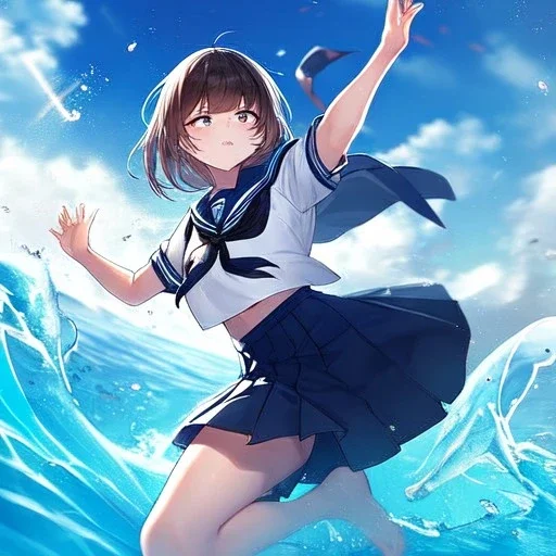 Clear focus,High resolution, Girl wearing a sailor uniform, Kicking pose, Water around her, straight face