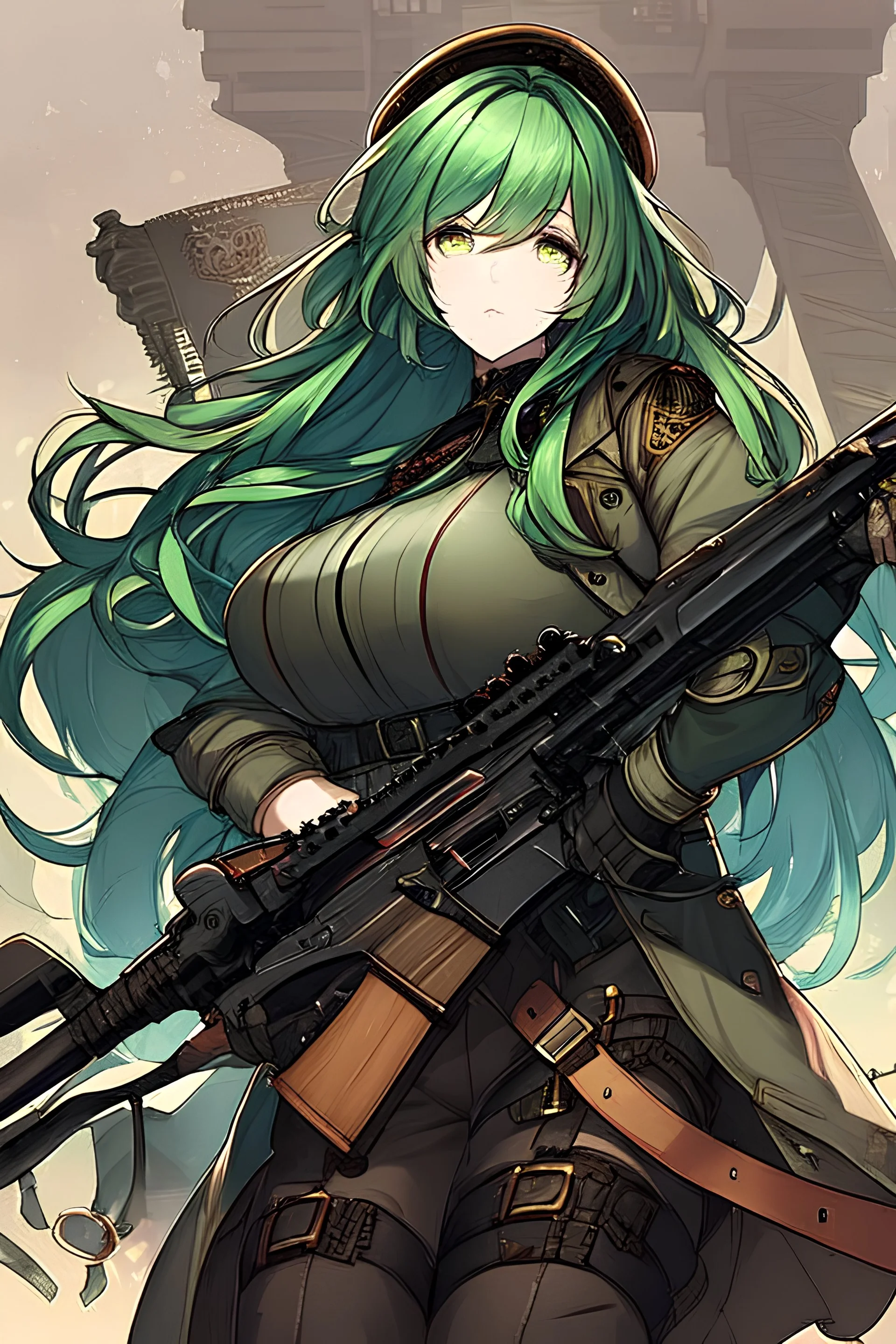 Female, Green Hair, rifle, steampunk