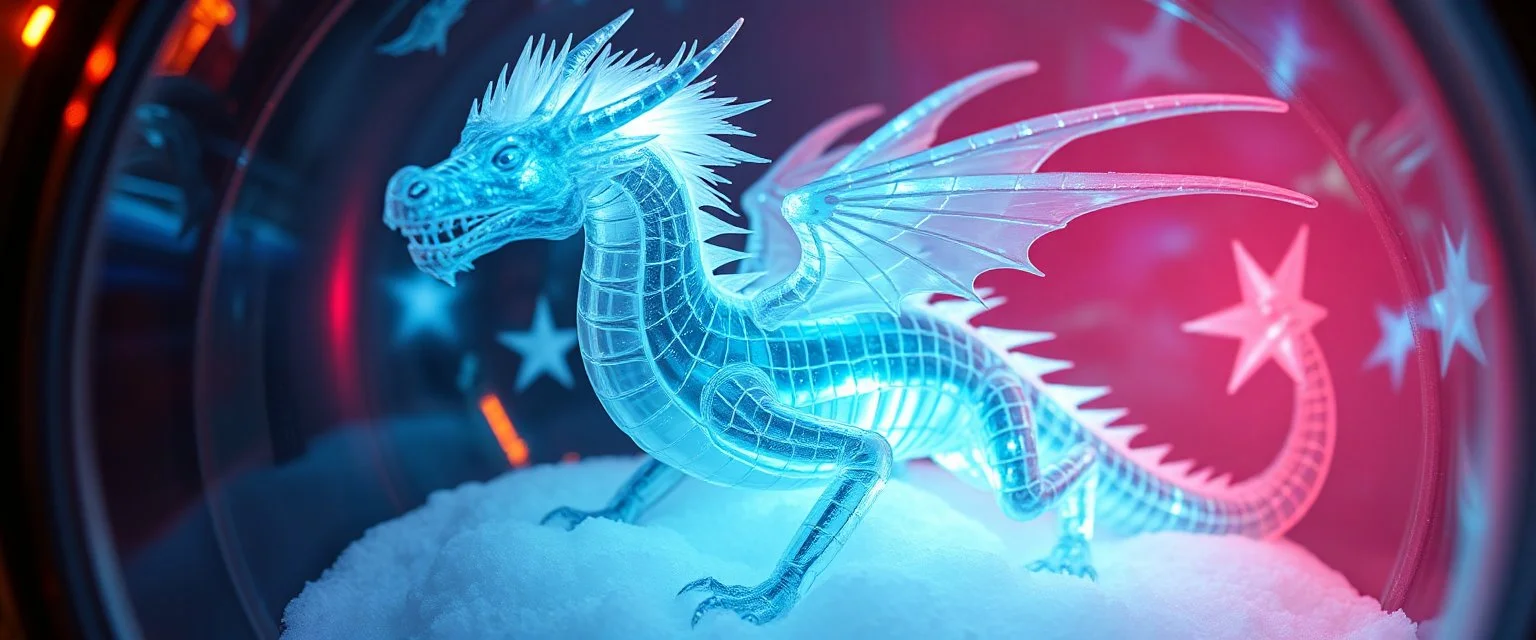 The image depicts a fantastical space ship snow soup, specifically a transparent dragon with neon flash aura, with a unique and whimsical appearance. The dragon is positioned in a circular frame, which suggests it might be inside a container or a vessel. The dragon's body is elongated and has a segmented appearance, with a detailed texture that gives it a realistic look. Its head is covered with white, spiky hair, adding to its fantastical charm. From the weird dragon lab.