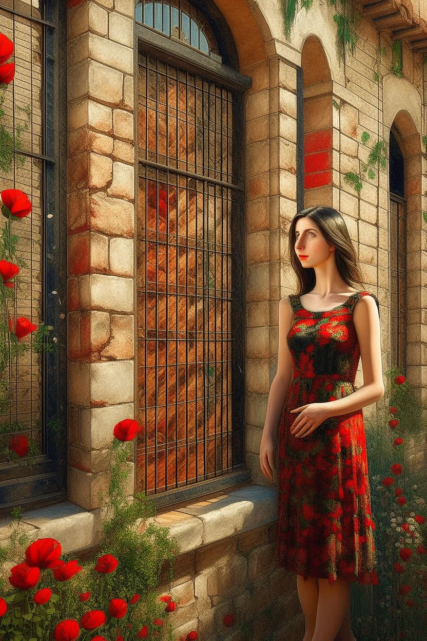 A beautiful young woman standing in classic old building with bricks stones texture with a balcony filled with red poppies growing out of it , oil colors drawing with Busch painting style