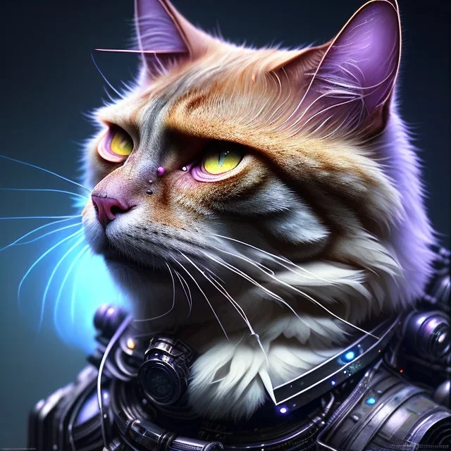 A beautiful portrait of ginger old cyberpunk cat by sandra chevrier and, greg rutkowski and wlop, purple blue color scheme, high key lighting, volumetric light, digital art, highly detailed, fine detail, intricate, ornate, complex, octane render, unreal engine, photorealistic