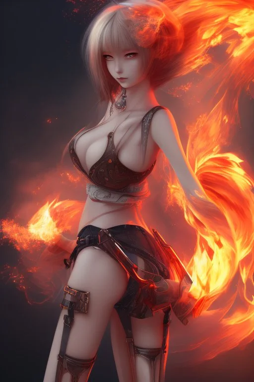 3d Anime girl close and personal but beautiful in fire background