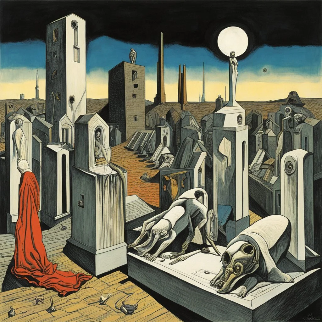 Graveyard shift, by Giorgio de Chirico, by tomi ungerer, bright primary complimenting colors, a surreal aura dominating the canvas, detailed line work, color ink illustration, creepy, surrealism, contracting images.