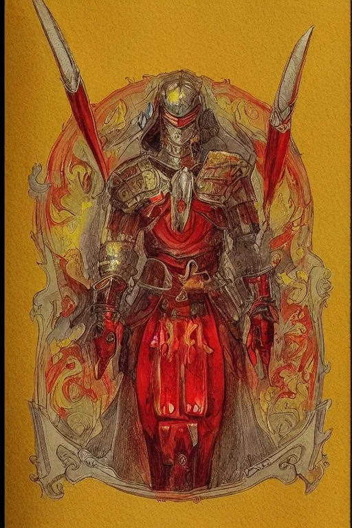 dnd, fantasy, watercolour, illustration, red phantom, knight, plate armour, all red, transparent, veins of golden light