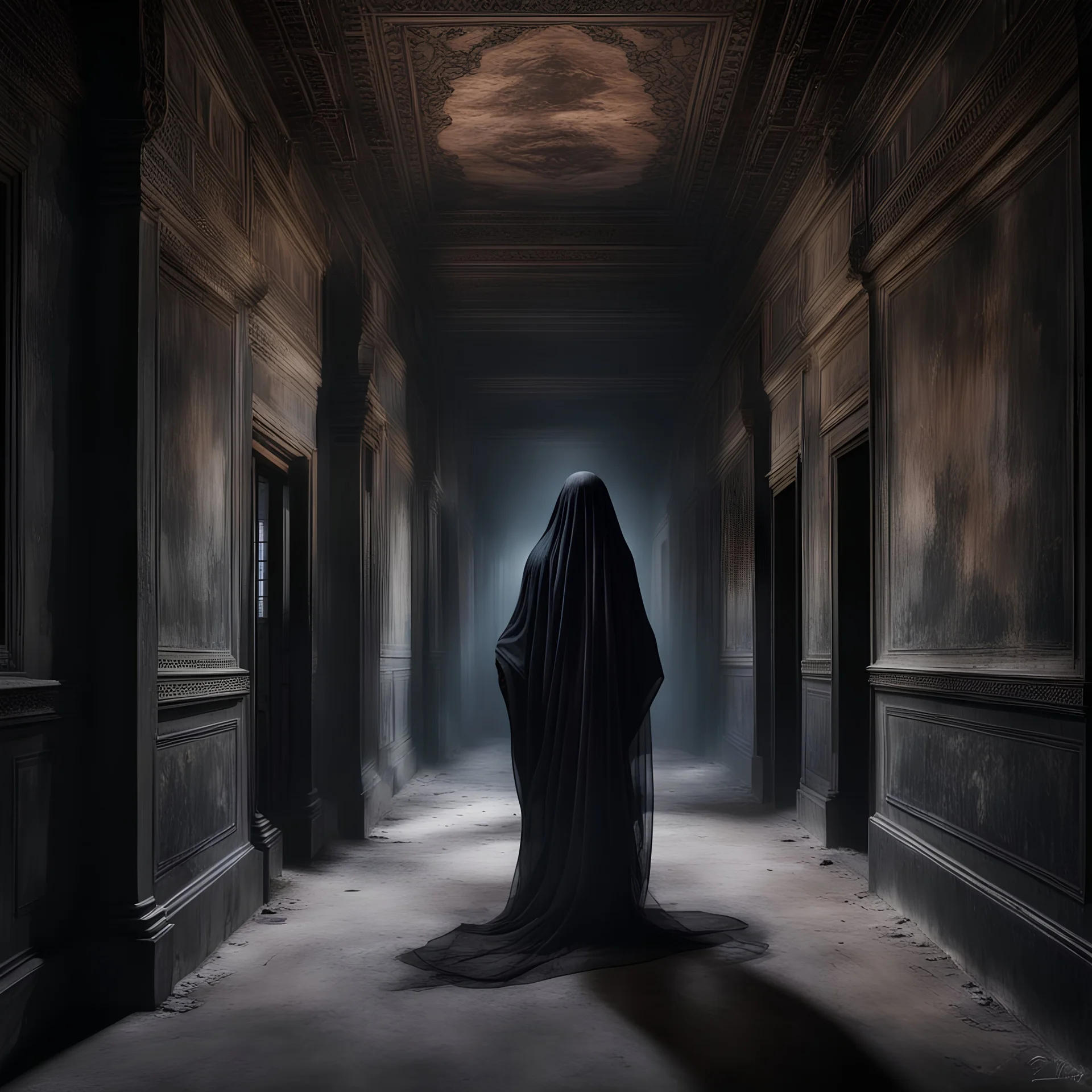 Hyper Realistic transparent black ghost between a huge dark hallway of a historical Indian palace with peeling wall paints at night