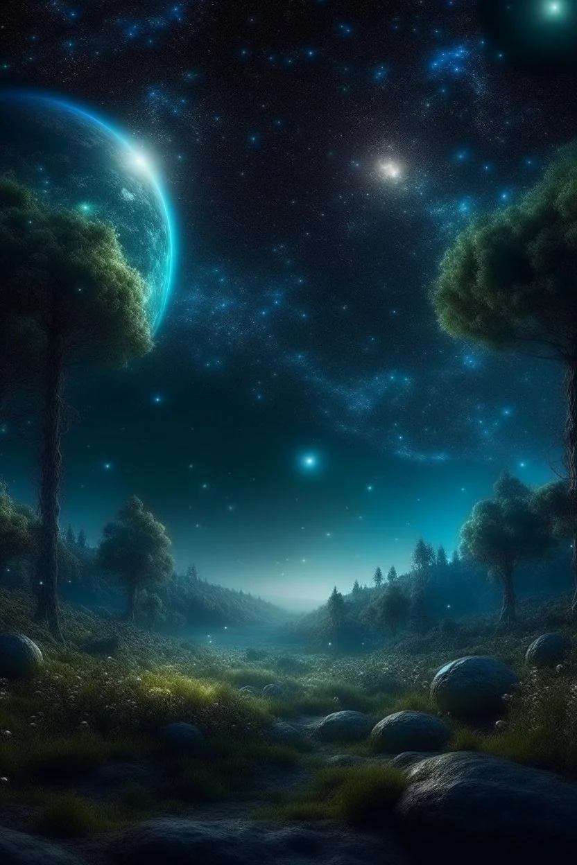 70. Fabulous landscape forest, night, on the background of outer space, planets, stars, hyperdetalization, mysticism, illumination, fantasy, gloomy atmosphere, clear drawing of details, hyper realistic, beautiful, lumen, professional photo, beautiful, 5d, realistic, 64k, high resolution, high detail, cgi, hyperrealism,f/16, 1/300s. highly detailed digital painting, realistic.