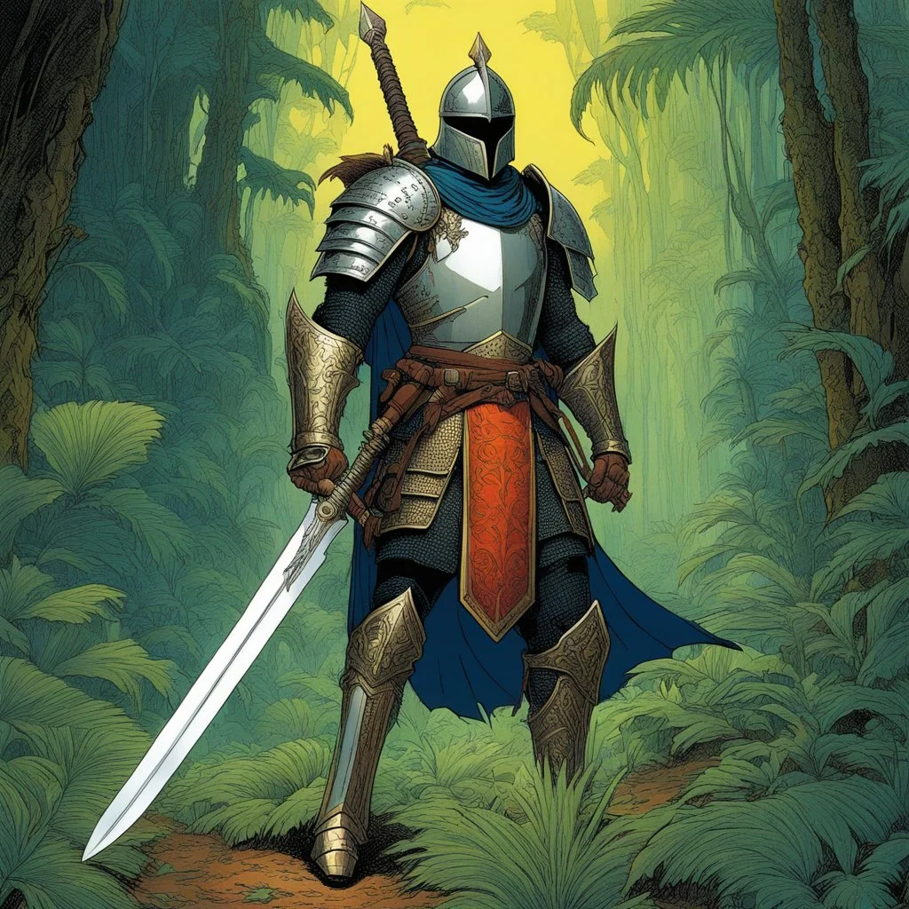 [in jungle, art by moebius] A knight’s gauntleted hand grips the hilt of a sword, but the weapon bears an ominous threat: a large scorpion poised on the blade, its deadly stinger raised. The polished armor contrasts with the organic menace, representing a conflict between man-made power and nature's lethal instincts. The detailed textures of the steel in the scorpion’s armored body