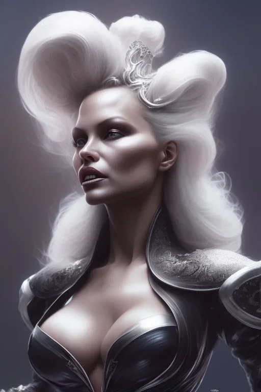 Pamela Anderson as evil queen in black leather, leather, busty, cleavage, angry, stern look. character design by cory loftis, fenghua zhong, ryohei hase, ismail inceoglu and ruan jia. unreal engine 5, artistic lighting, highly detailed, photorealistic, fantasy