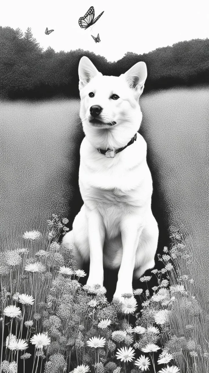 Love cat , love dog , add a butterfly on a wild flowers to this picture thin line draw