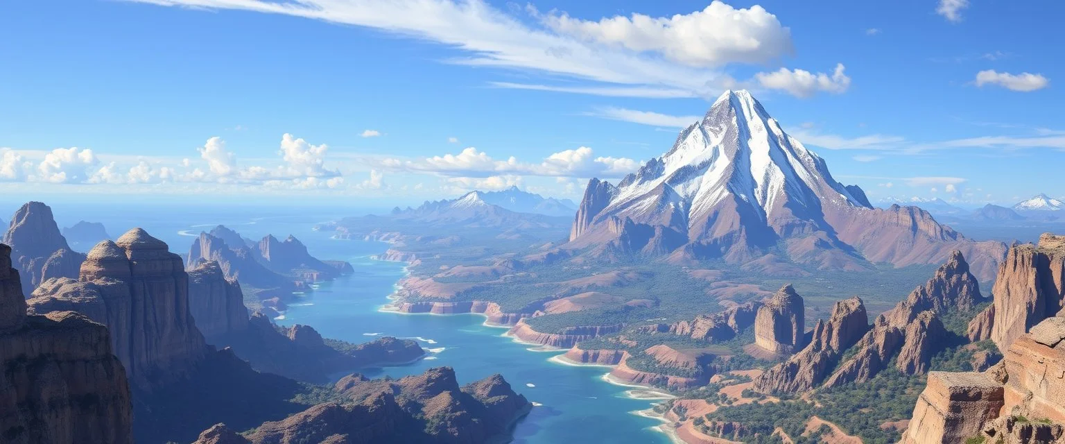 🏞 Geography & Climate Surface Composition: 60% ocean, 30% land, 10% floating islands of dense minerals. Continents: Two main continents and scattered floating mineral islands. Unique Features: Singing Canyons: Deep canyons that resonate wind and seismic vibrations, producing constant harmonic tones. Magnetic Mountains: Peaks that subtly alter compasses and attract metallic minerals. Climate Zones: Equatorial forests with tall, ribbon-like plants and thick, misty canopies. Temperate plai