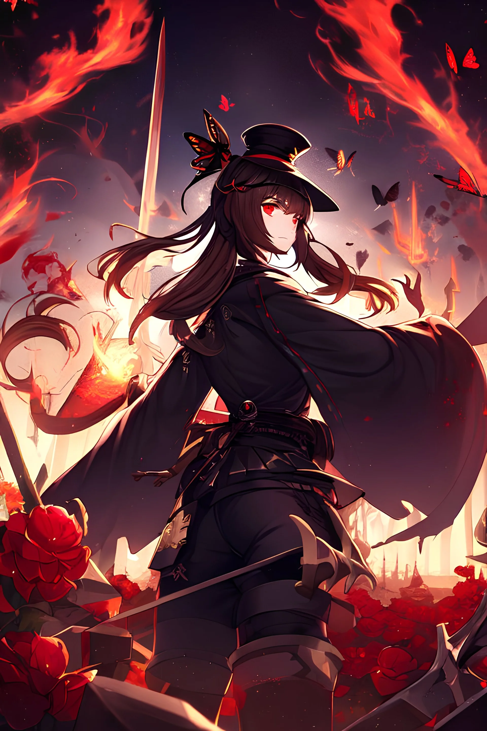 1girl, the soul of fire, magnificent and endless trial, brown hair, black bow hat, two long ponytails back, red eyes, black nails, black shorts, wide black sleeves, rings on fingers, spear in hand, gloominess, darkness, broken, red flowers and butterflies, night landscape, graveyard