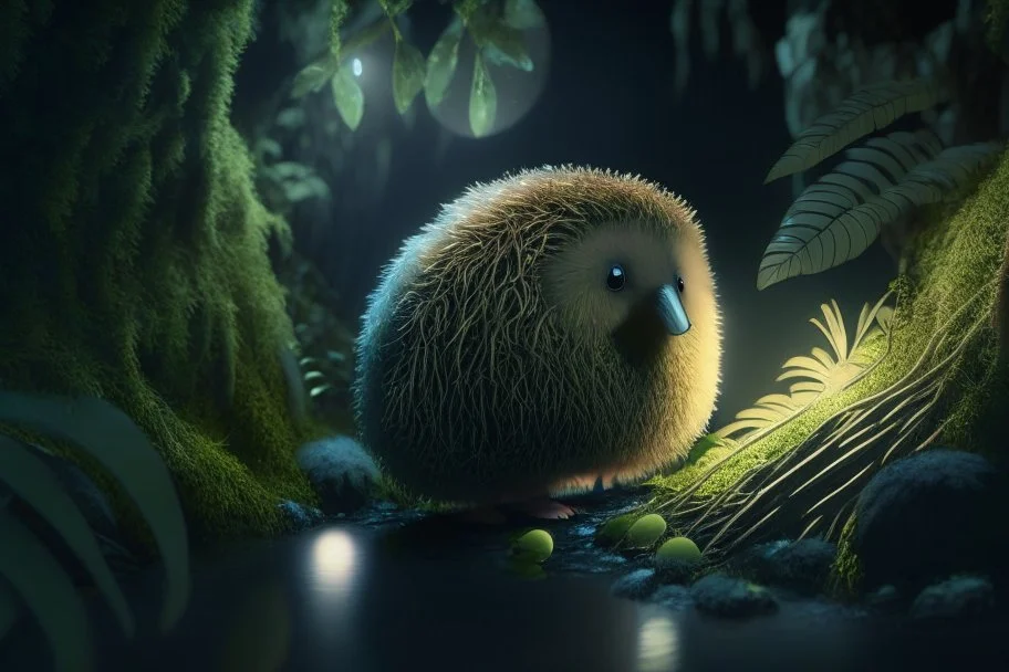 cute kiwi with thick fur in moonlit forest by stream, book illustration, fine detail, 4k, trending, volumetric light, depth of field