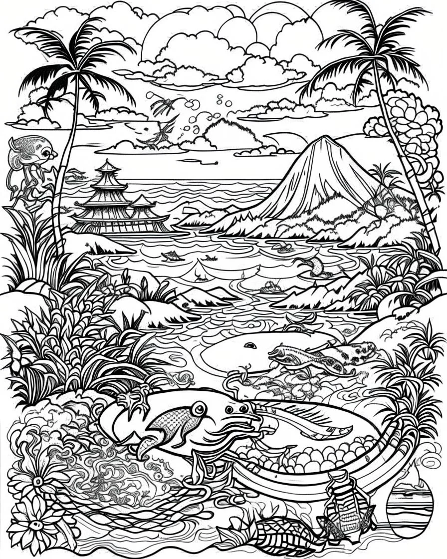 coloring pages for kids, Pacific island shaped Japanese ink painting, muted colors, including Dark black highlights to draw attention , rice paper texture, splashed paint, tropical beach, paradise, sea turtles, yellow sun, a Polynesian warrior , Art drawing ; ink , super detailed, text a the bottom “Tonga”, anime cartoon style, thick lines, low detail, black and white, no shading, --ar 85:110