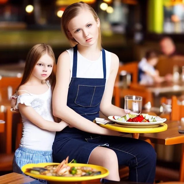 Realistic photo Russian shorthair beautiful 20-years tomboy boyish boylike young wife wide hips in restaurant with little daughter