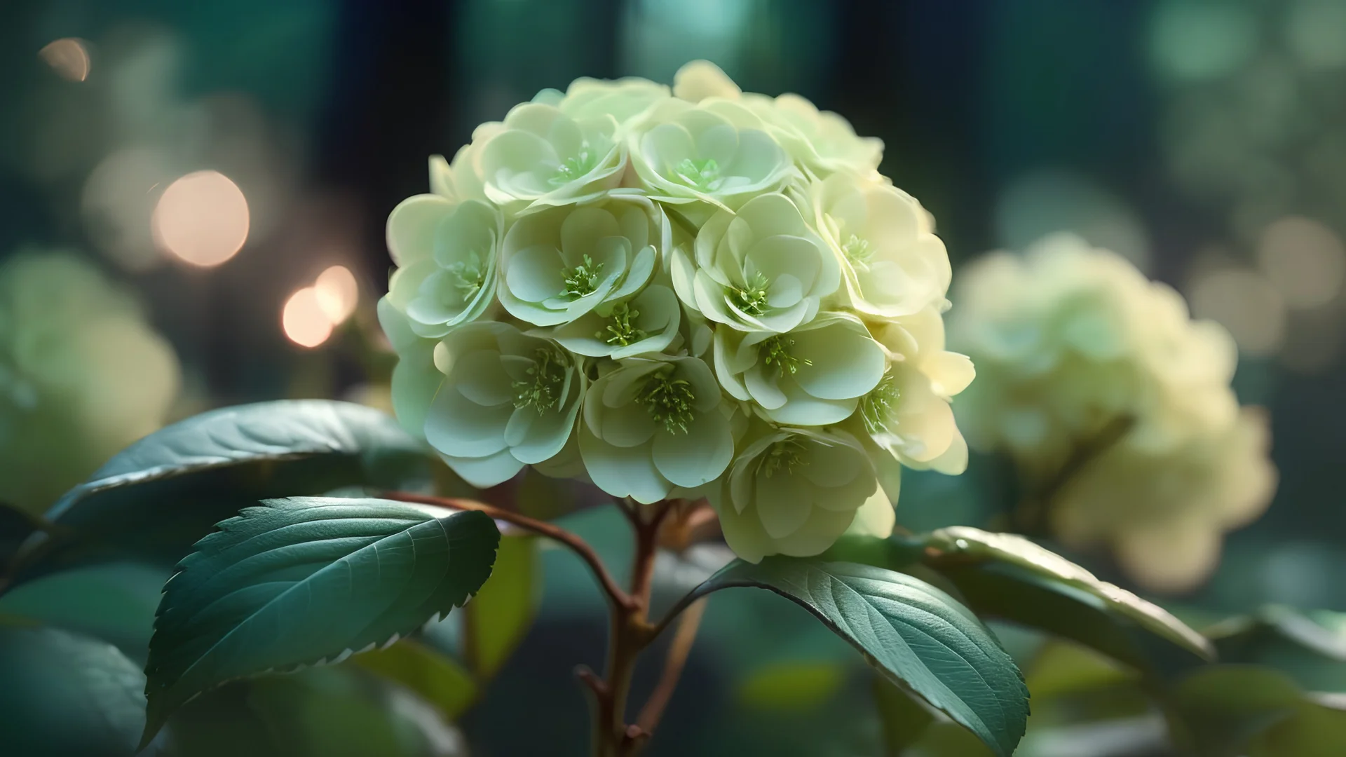 green Viburnum flower growing in pastel colored rose forest, trees, flowers, fairy lights, night, 8k, high quality, trending art, trending on artstation, sharp focus, studio photo, intricate details, highly detailed, by greg rutkowski