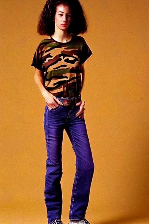 year 1996 denim fashion. Loose fit, "combat pants" with low waist, baggy, Combat pants and t-shirt. Colors: denim blue, blue, purple, khaki, light green, lilac, plum, orange, terracotta, red, pink, dark blue, beige. Women models. Patterns: Something between camouflage and cheetah prints, stripes.Something between camouflage and cheetah prints.Jennifer Lopez, Gwyneth Paltrow, . Big tennis shoes on. Cargo pants. leg warmer