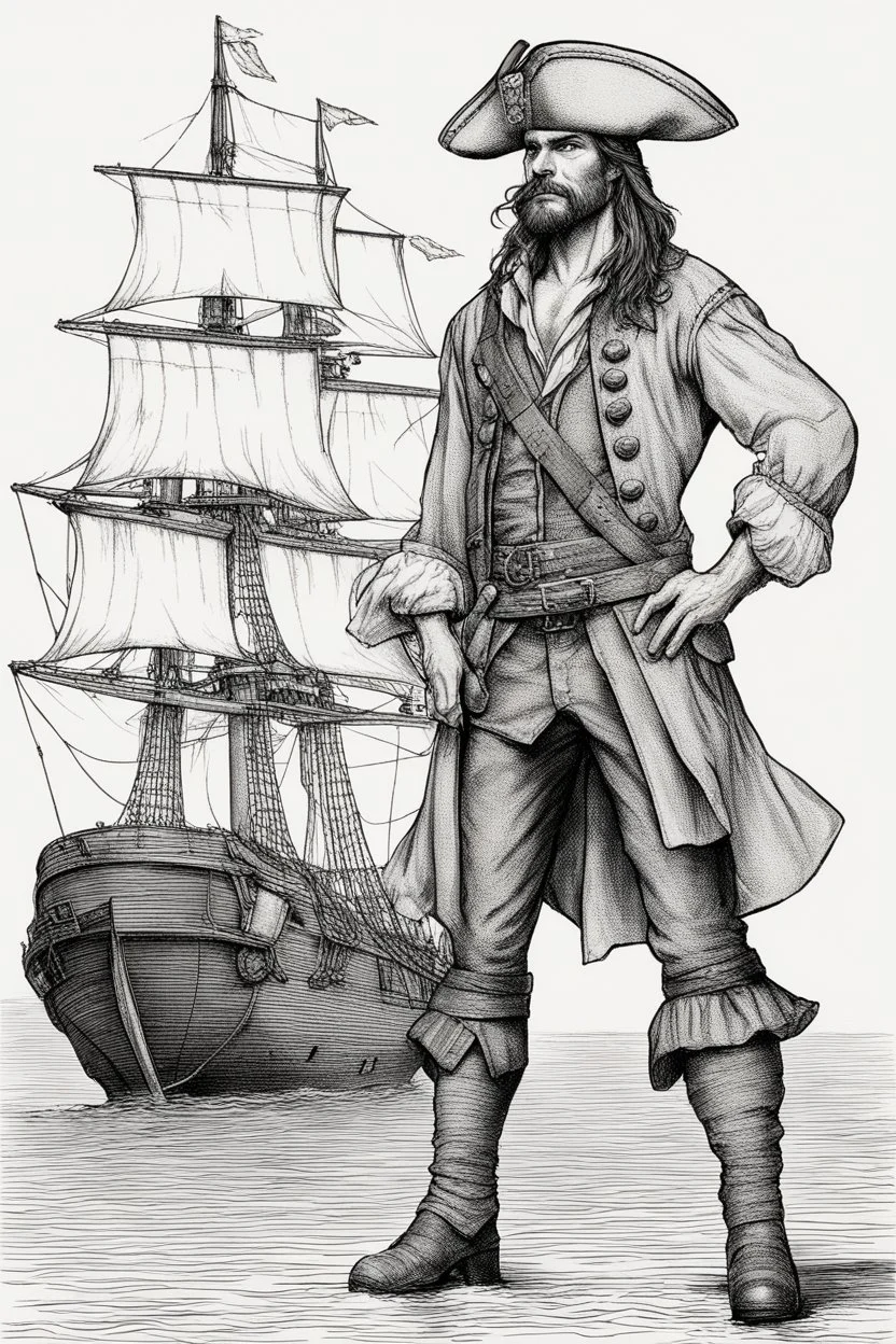 ,make a hero strong human, very realistic, fine line drawn. Make it wearing a pirate dress standing by the ship stern