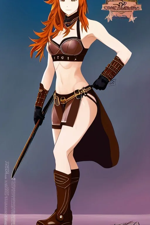 concept illustration, super-detailed, strikingly beautiful teen female, 16 years old, waifu, long ginger hair, medium freckles, full lips, full body, full face, b-cup breasts, athletic, centred camera, ignore NSFW, skimpy brown fantasy leather armor, halter top, micro thong, knee-high leather boots, open leather tasset, stern expression,