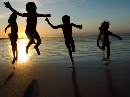 children jumping in water on a beach capture them against the sun and make an art silhouette, hyper details, real sharp, 8k, well detailed, well shaped