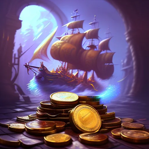 dynamic lighting, Intricately detailed, Splash screen art, deep color, Unreal Engine, volumetric lighting, silver coins, pile of coins, pirate treasure,