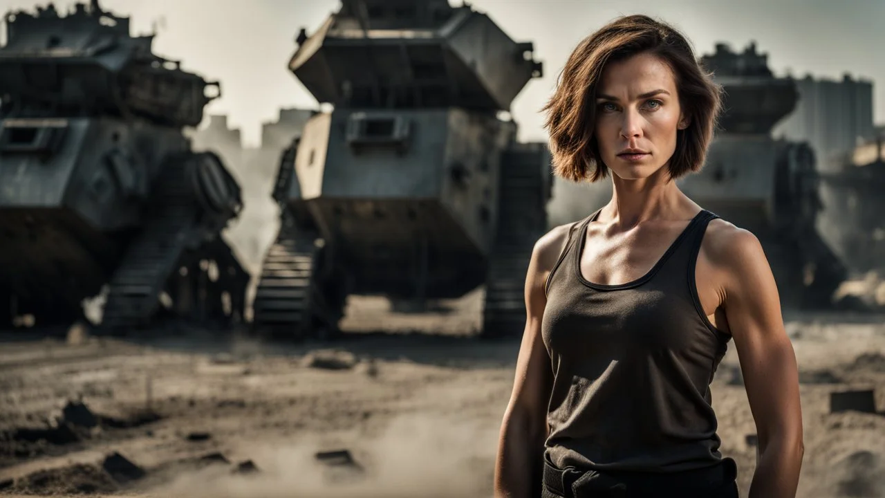 beautiful slender caucasian female technician with a knife, looking away from camera, black tank top, well toned muscles, weathered face, scratched sand camo metal details, short brunette wavy bob haircut, dystopian, postapocalyptic city scene with smoke and explosions. giant robot in the background