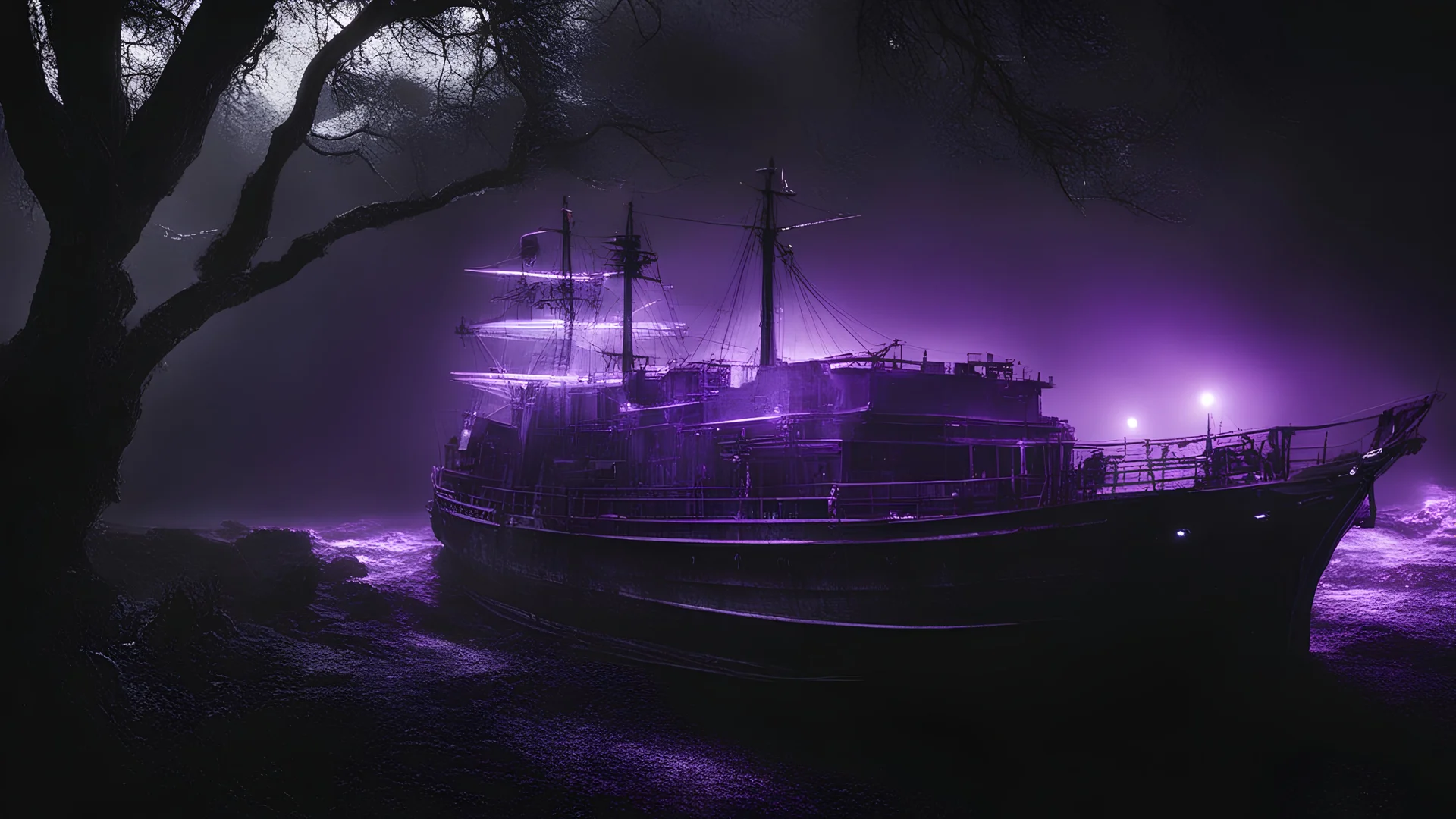 Photoreal magnificent big neon glowing purple chrystal protruding from the bough of an old ship shrouded in extreme pitch black darkness by lee jeffries, in the style of fantasy movies, photorealistic, shot on Hasselblad h6d-400c, zeiss prime lens, bokeh like f/0.8, tilt-shift lens 8k, high detail, smooth render, unreal engine 5, cinema 4d, HDR, dust effect, vivid colors